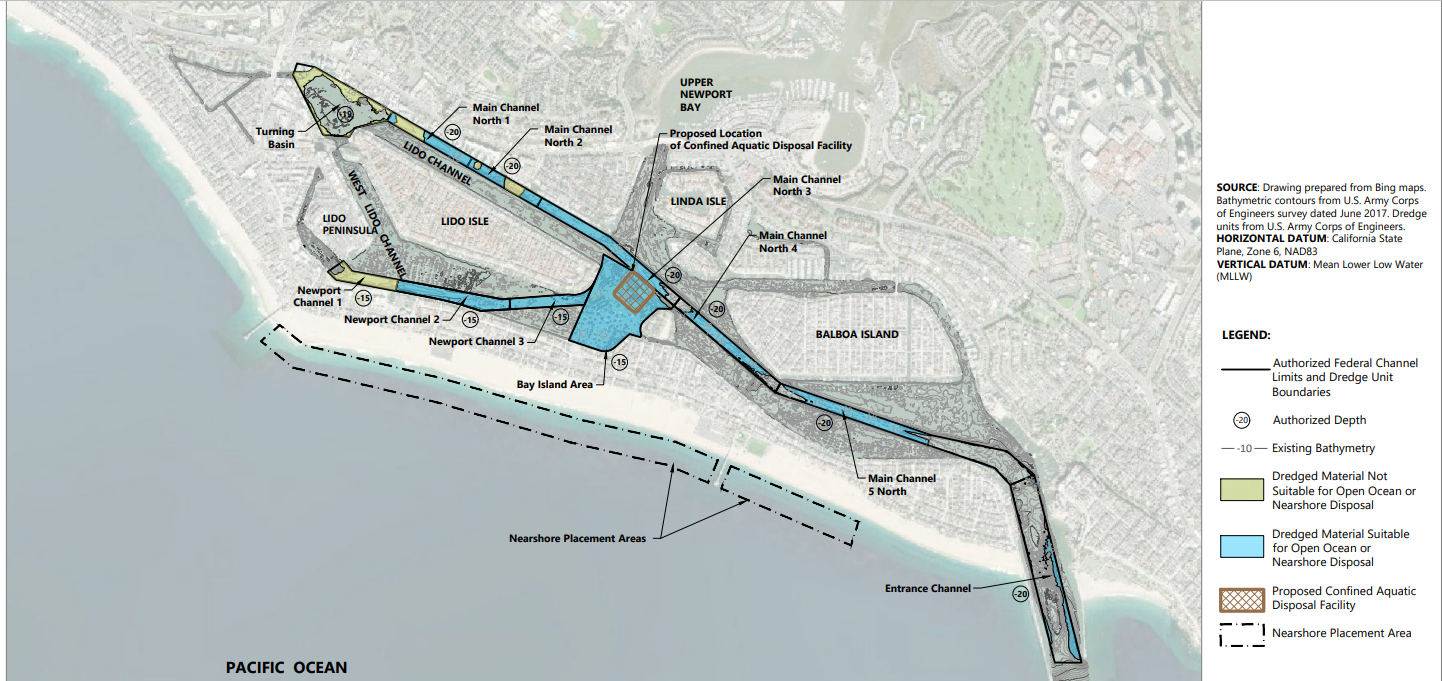 Map highlights areas to be dredged, where contaminated material is and where the proposed confined aquatic disposal facility would be located.